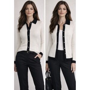 WHBM Ribbed Knit Blouse Cardigan M Ecru Black Trim Button Down NWT Preppy Office